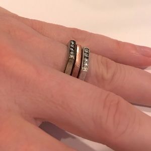 Stackable set of 3 rings, silver gold and copper with crystal embellishments